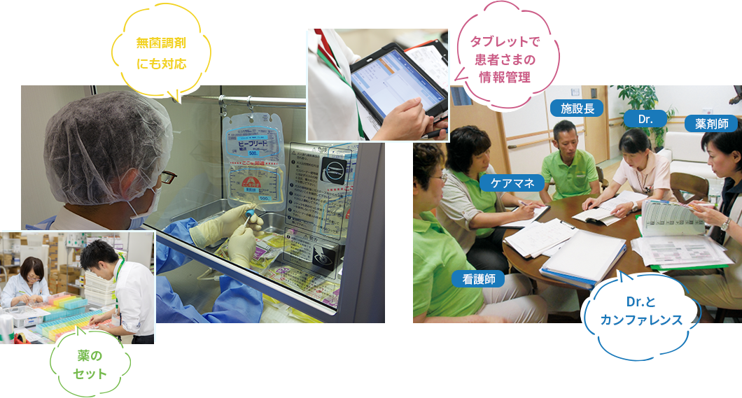 在宅専門薬局で薬のセット、タブレットで患者さまの情報管理、Dr.とカンファレンスをしている様子